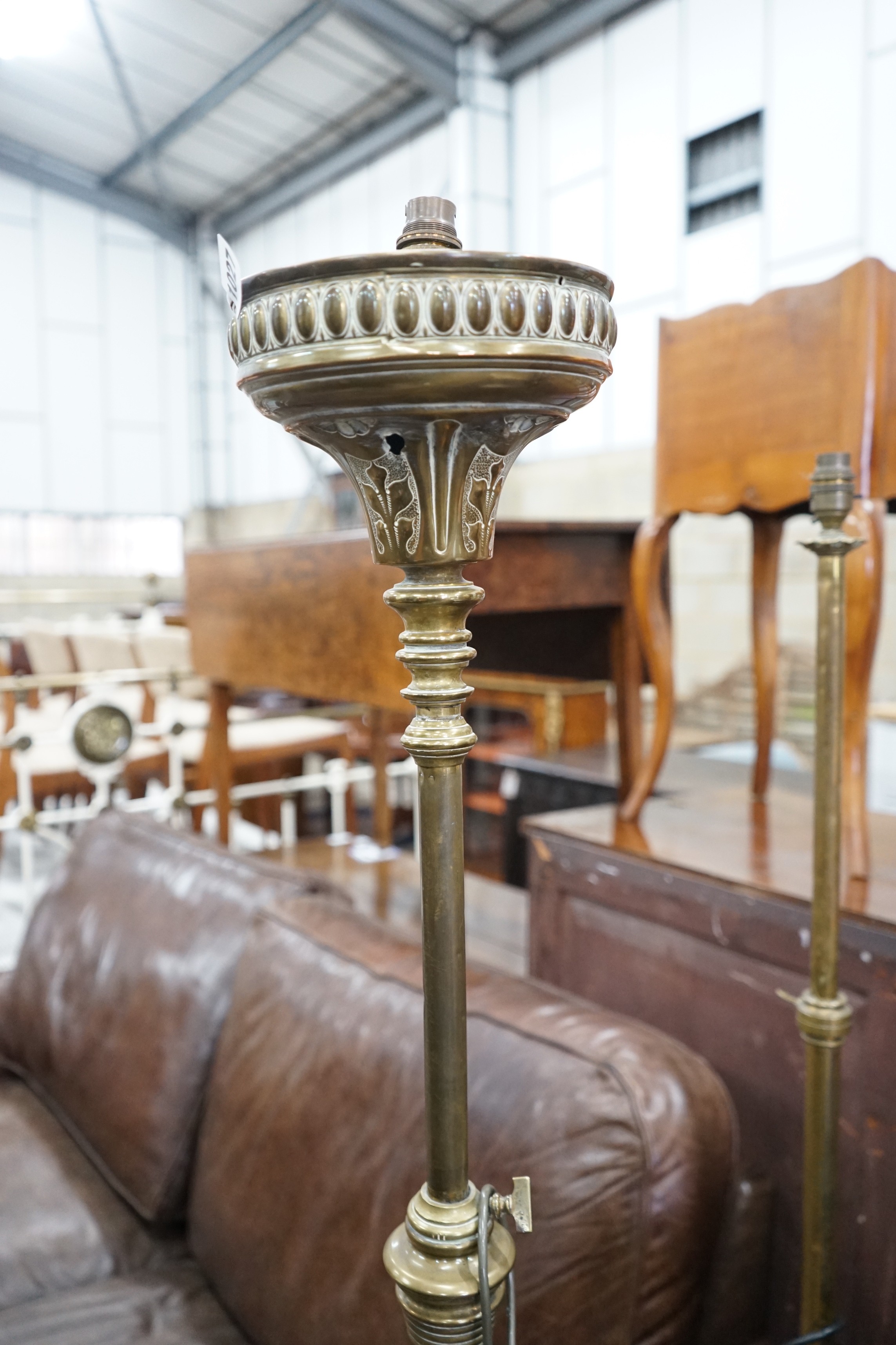 Two late 19th / early 20th century brass telescopic oil standard lamps converted to electricity.